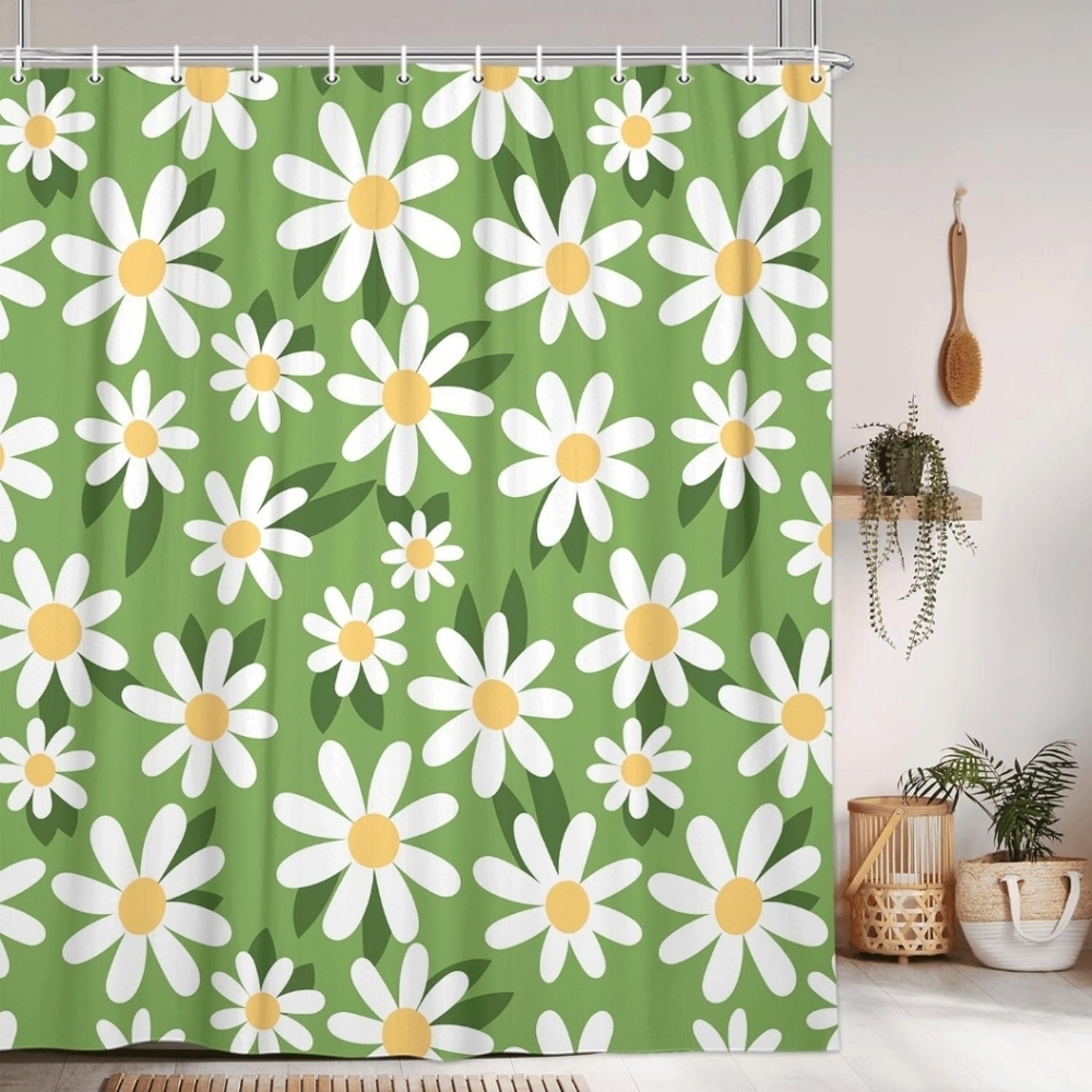 Green Floral Shower Curtain with Hooks